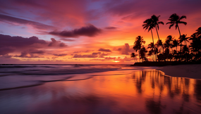 热带海边黄昏天空火烧云图片